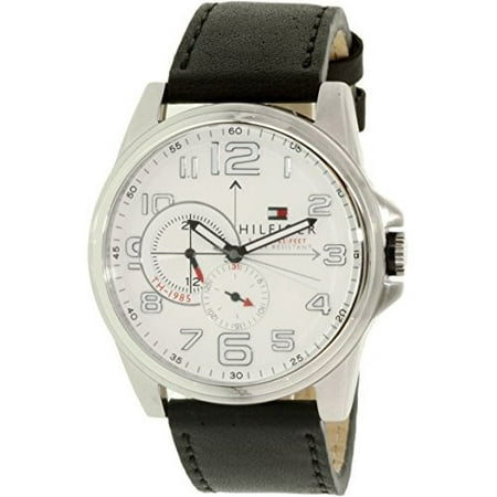 Tommy Hilfiger 1791007 White Analog Date Dial Black Leather Band Men Watch NEW
