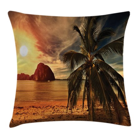 Tropical Throw Pillow Cushion Cover, Exotic Beach with Coconut Palm Tree and Horizon Sunset Calm Panorama, Decorative Square Accent Pillow Case, 20 X 20 Inches, Orange and Olive Green, by Ambesonne
