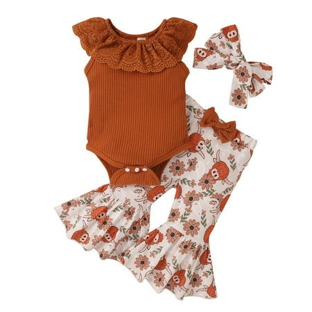 Girls Sleeveless Ribbed Lace Romper Bodysuit Bowknot Cartoon Prints Bell Bottoms Pants Headbands Outfits
Girls Sleeveless Ribbed Lace Romper Bodysuit Bowknot Cartoon Prints Bell Bottoms Pants Headbands Outfits