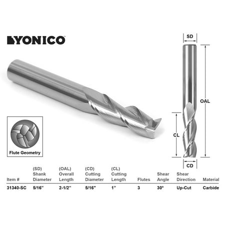 CNC Router Bit Up Cut 3 Flute 5/16 Dia. X 1 X 5/16 Shank - Yonico 31340-SC
CNC Router Bit Up Cut 3 Flute 5/16 Dia. X 1 X 5/16 Shank - Yonico 31340-SC