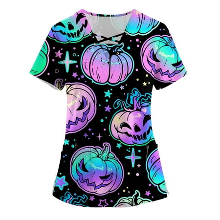 

DENGDENG Plus Size Scrubs for Women Stretch Halloween Pumpkin Printed Scrub Tops Holiday Patterned Short Sleeve Nurse Uniform Maternity V Neck with Pockets Shirts Cute Fall Clothes Light Purple S