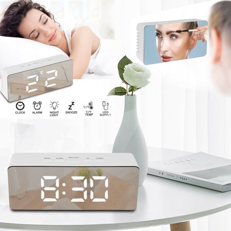 Alarm Clock Large Digital LED Display Portable Modern Battery Operated Mirror