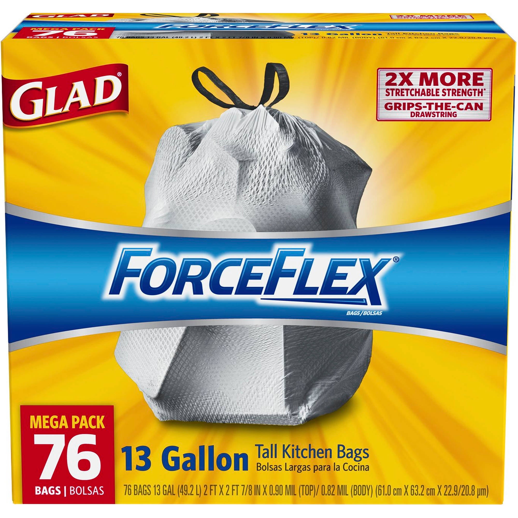 Glad ForceFlex Tall Kitchen Drawstring Trash Bags, 13 Gallon, 76 ...