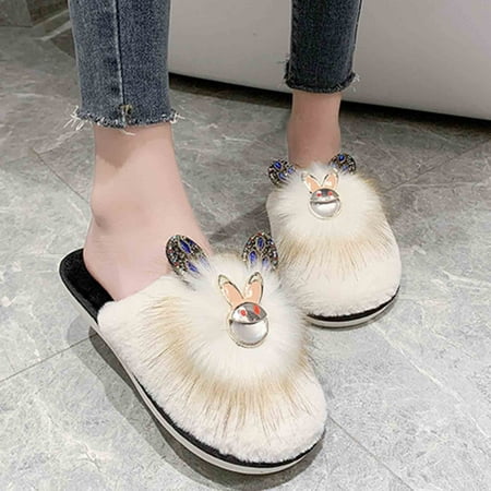 Cute Slippers Women Autumn And Winter Fashion Rhinestone Rabbit Ears Baotou Half Slippers Women