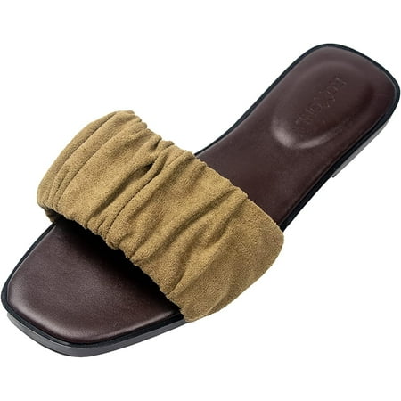 Womens Ruched Fabric Slide Sandals Open Toe Flat Sandals with Heel Cushion