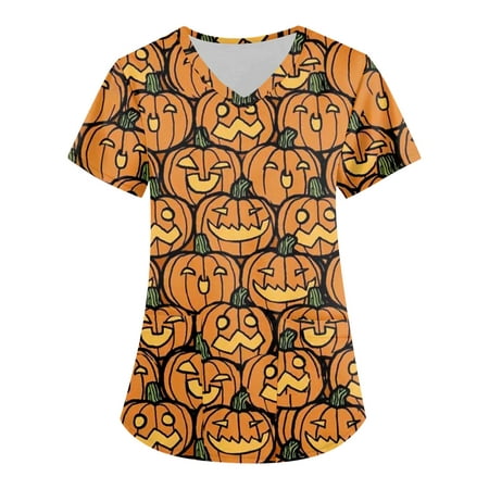 

Knosfe Women s Medical Uniforms & Scrubs Halloween Workwear Short Sleeve Print Scrub Tops for Women Pumpkin Ghost Bat V Neck Nurse Women Tops with Two Pockets Yellow M