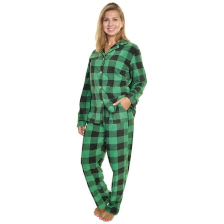 

Angelina Poly-Fleece Plaid Pajama Set - Long Sleeve w/ Long PJs Pants (Black & Green Small)