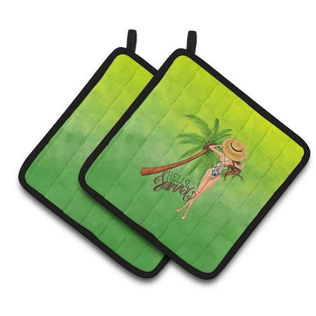 Hello Summer Lady in Swimsuit Pair of Pot Holders