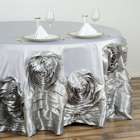 BalsaCircle 120 Round Large Raised Roses Lamour Satin Tablecloth Silver
