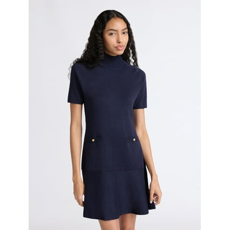 Free Assembly Women's Mock Neck Sweater Dress with Short Sleeves, Sizes XS-XXL