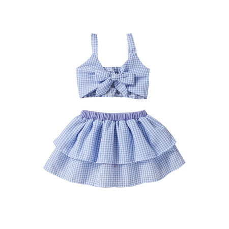Bebiullo Kids Suit Set Girls Plaid V-Neck Sleeveless Crop Tops Pleated Skirt