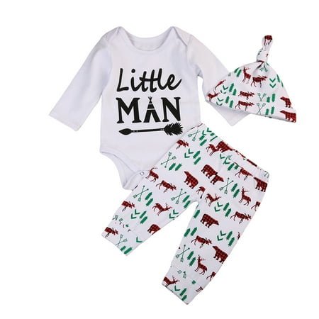 Binpure Boys Long Sleeve Romper Tops Print Long Pants and Hat 3-piece Suits