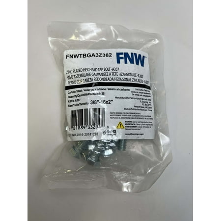 FNW Zinc Plated Hex Head Tap Bolt A307 3/8 - 16x2 FNWTBGA3A382 (25CT)