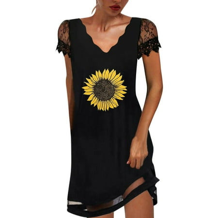 ZHUASHUM Women Print V-Neck Pullover Short Shift Dress
