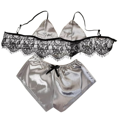 

Lingerie Push Up Ladies Strap Crochet Lace Cutout Teddy Embroidery Gauze Underwear Bra and Panty Sets for Women Gray L