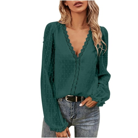 PIMOXV Long Sleeve Shirts for Women Dressy Casual Vintage Solid Dots Chiffon Blouses Fashion Loose Fit Lace V Neck T-Shirts
PIMOXV Long Sleeve Shirts for Women Dressy Casual Vintage Solid Dots Chiffon Blouses Fashion Loose Fit Lace V Neck T-Shirts