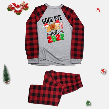 Christmas Gifts Family Matching Christmas Pajamas Set Plaid Sleeves Cute Pattern Printing Festival for Adults & Kids Parent-Child Outfit Polyester Grey L