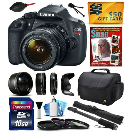 Canon EOS Rebel T5 EF-S 18-55mm IS II Digital SLR with 16GB Memory + 2.2x Telephoto + 0.43x Wide Angle Lens + Hood + UV-CPL-FL Filters + 67\