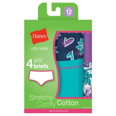 Girls Ultimate TAGLESS 4-Pack Cotton Stretch Briefs, 12, Assorted