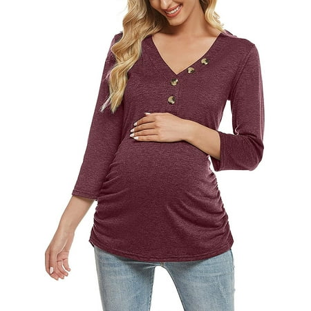 ZNU Women Maternity Tops Solid 3/4 Sleeve V Neck Pregnant T-Shirt
