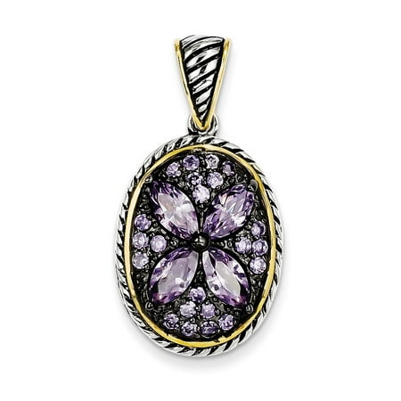 Sterling Silver Gold-Plated Antiqued Flower CZ Pendant.