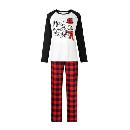 

Luethbiezx Family Matching Christmas Pajamas Baby Romper/Letter Snowman Print Long Sleeve Tops + Plaid Long Pants Loungewear Set