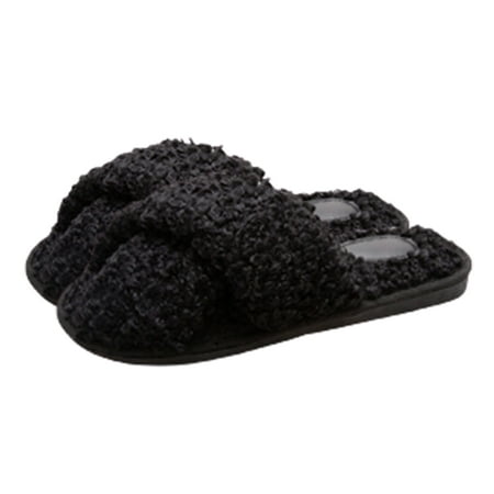 Hesroicy Comfortable Women s Cross Band Open Toe Anti-Skid Slippers with Faux Fleece - Perfect for Home Use