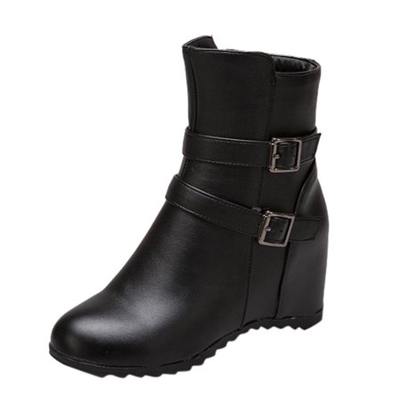 Boots Women s British Style Belt Buckle Wedge Heel Inner Height Increase