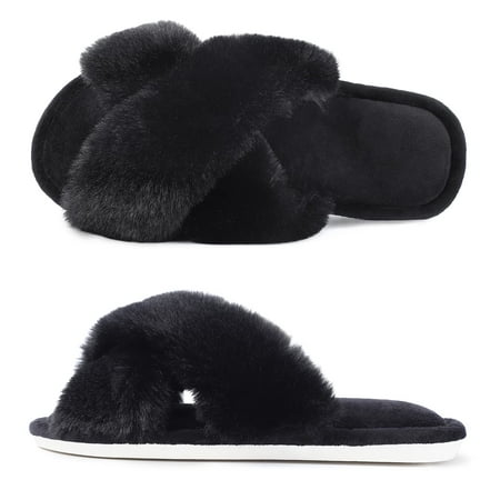 Fuzzy Cross Band Slippers Soft Plush Furry Fur House Shoes Open Toe Cozy Indoor Outdoor Slippers for Women Black 8
Fuzzy Cross Band Slippers Soft Plush Furry Fur House Shoes Open Toe Cozy Indoor Outdoor Slippers for Women Black 8