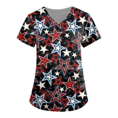 

Sksloeg Women Scrub Tops Plus Size Red White Blue Star Stripe Printed Patriotic Top Comfortable Easy Workwear V-Neck Short Sleeve Scrub Top with Pockets Black L