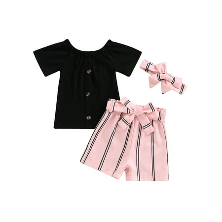 Toddler Girl Summer Clothes 3Pcs Outfits Solid Color Short Sleeve Button T-Shirt+Stripe Shorts + Bow Headband
Toddler Girl Summer Clothes 3Pcs Outfits Solid Color Short Sleeve Button T-Shirt+Stripe Shorts + Bow Headband