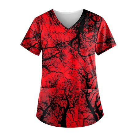 Cakiesky Women s Scrubs Shirts Moisture Wicking V-Neck Printed Valentines Day Scrubs Red M