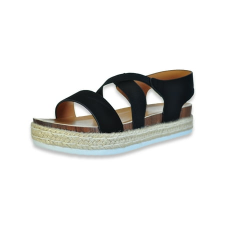 Link Girls Cross-Strap Hemp Braid Sandals - black 12 toddler