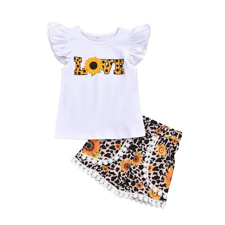 Qiyuancai Outfits for Toddler Baby Girls Ruffled Sleeve Letter Tops Sunflower Leopard Print Shorts Pants 2Pcs Kid Clothes Sets
Qiyuancai Outfits for Toddler Baby Girls Ruffled Sleeve Letter Tops Sunflower Leopard Print Shorts Pants 2Pcs Kid Clothes Sets