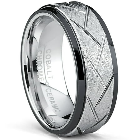 Two Tone Cobalt and Black Ceramic Combo, Brushed Grooved Wedding Band Ring