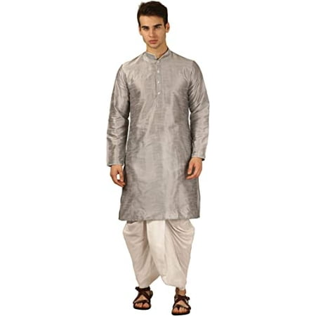Devyom Men s Silk Straight Regular Fit Dhoti Kurta Set (Silver 38)