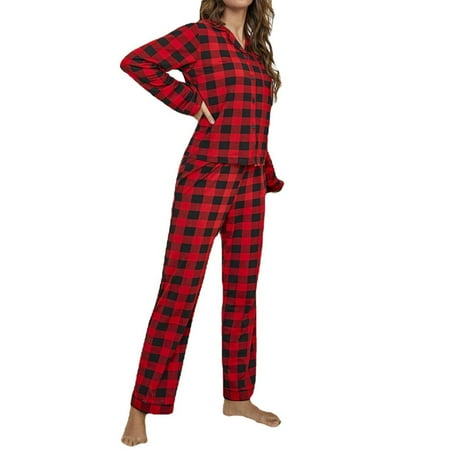 Pajamas Set Women s Long Sleeve Sleepwear Button Down Red Plaid Printed Loungewear Pj Set with Loose Long Pants
Pajamas Set Women s Long Sleeve Sleepwear Button Down Red Plaid Printed Loungewear Pj Set with Loose Long Pants