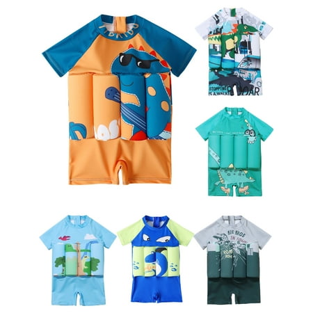 0-5T Toddler Baby Boy Short Sleeve Float Swimsuit Buoyancy Sticks One Piece Floating Swim Training Swimwear