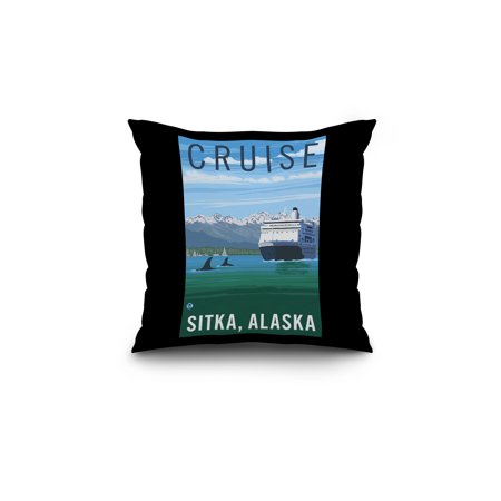 Sitka, Alaska - Cruise Ship & Whales - Lantern Press Artwork (18x18 Spun Polyester Pillow, Black Border)