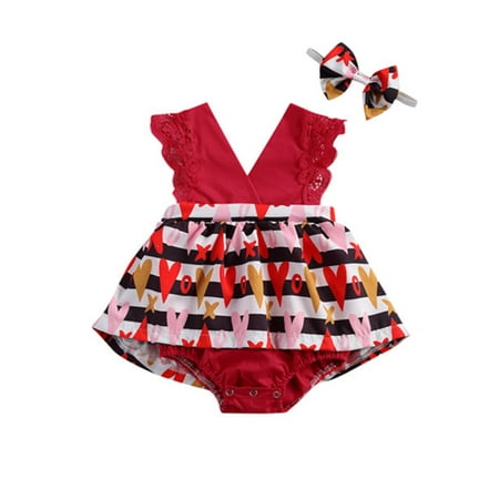 Spring hue Baby Girls Lace Sleeve LOVE Striped Jumpsuits Rompers Dress 2pcs