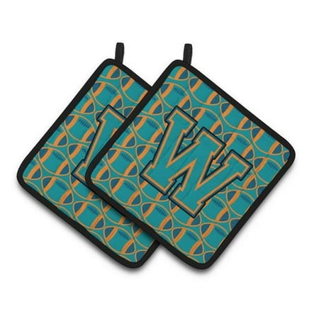 Letter W Football Aqua - Orange & Marine Blue Pair of Pot Holders