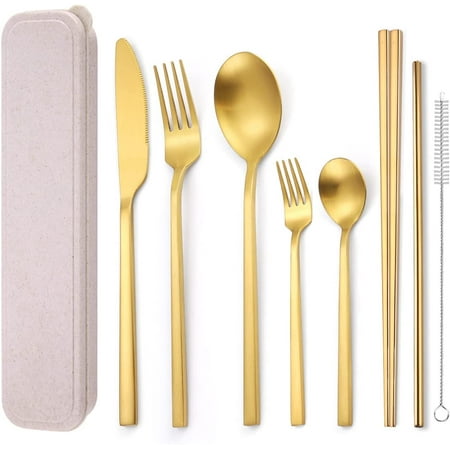 8 Pieces Stainless Steel Flatware Set Portable Reusable Cutlery Set Travel Utensils Set Including Chopsticks Knife Fork Spoon Stra