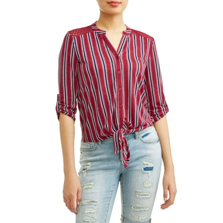 No Boundaries Juniors' printed tie front lace yoke 3/4" roll tab sleeve blouse