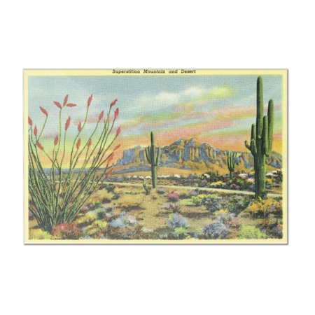 Arizona - View of Superstition Mountain and Desert - Vintage Halftone (24x16 Acrylic Wall Art Gallery Quality)