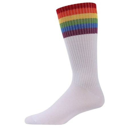 MeMoi Women s Colorful Rainbow Striped Cuff Rugby Crew Sock White 10-13
