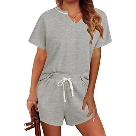 singreal Women s Short Sleeve Pajama Set Henley Tops and Shorts Sleepwear Loungewear with Pockets