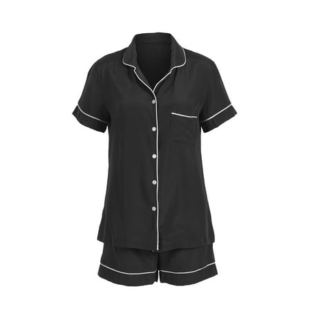 Eyicmarn 2Pcs Women Summer Pajama Set Lapel Short Sleeves Single-Breasted Shirt + Elastic Waist Shorts for Girls Black/Blue
Eyicmarn 2Pcs Women Summer Pajama Set Lapel Short Sleeves Single-Breasted Shirt + Elastic Waist Shorts for Girls Black/Blue