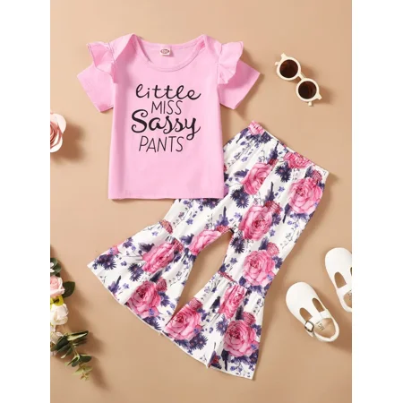 Girls‘ ” Little Miss Sassy ” Short Sleeve Floral Flare Pants Set