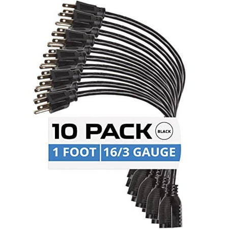 10 Pack of 1 Foot Black Extension Cords - 16/3 SJT Durable Electrical Extension Cord Set
10 Pack of 1 Foot Black Extension Cords - 16/3 SJT Durable Electrical Extension Cord Set
