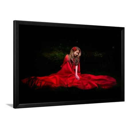 Beautiful Woman with Red Cloak in the Woods by Night Framed Print Wall Art By mirceab